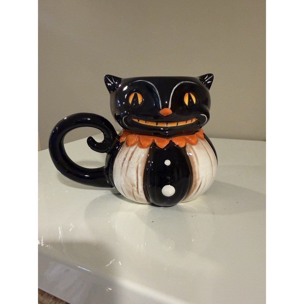Johanna Parker Grinning Black Cat Loop Handled Mug Cup Ceramic Halloween